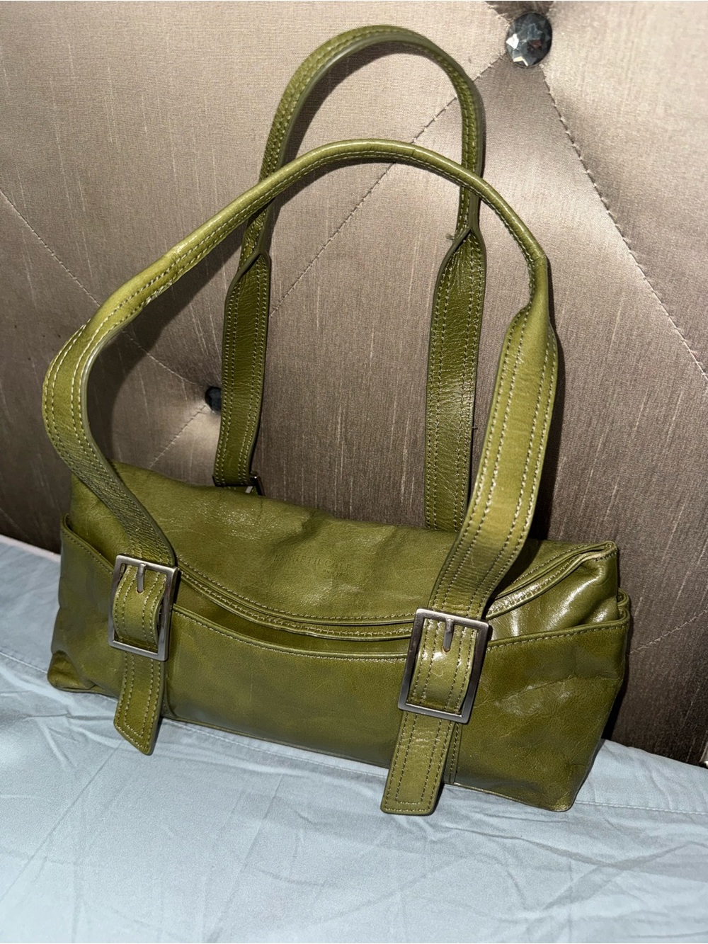 Olive Green Leather Shoulder Bag Y2K